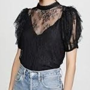 Free People Sheer Lace Yoke Puff Sleeve Top - Black